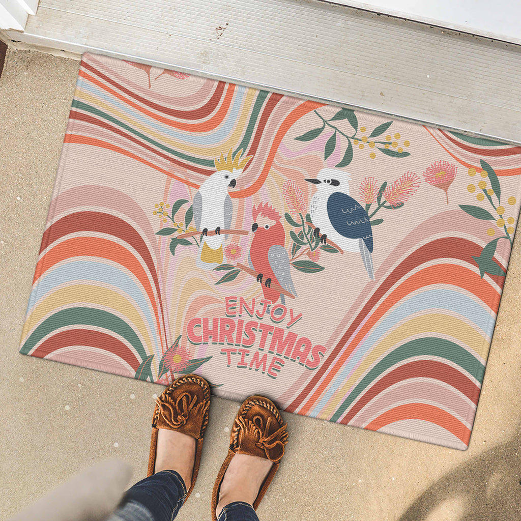 australia-hippie-christmas-rubber-doormat-cockatoo-kookaburra-with-wattle-pink-peach-style