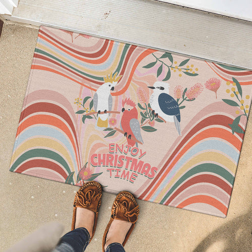 australia-hippie-christmas-rubber-doormat-cockatoo-kookaburra-with-wattle-pink-peach-style
