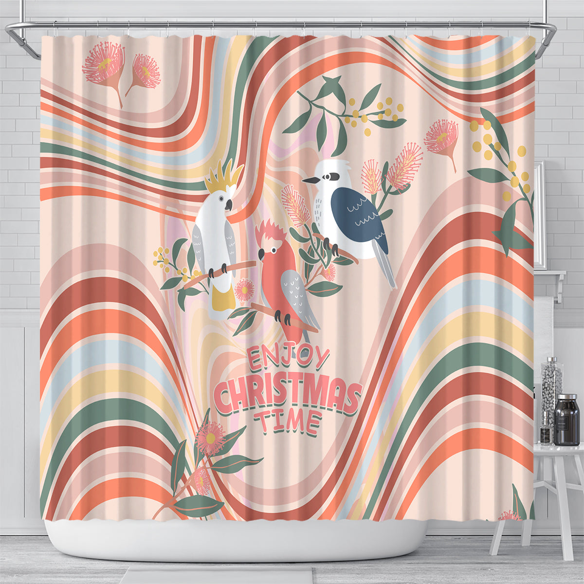 australia-hippie-christmas-shower-curtain-cockatoo-kookaburra-with-wattle-pink-peach-style