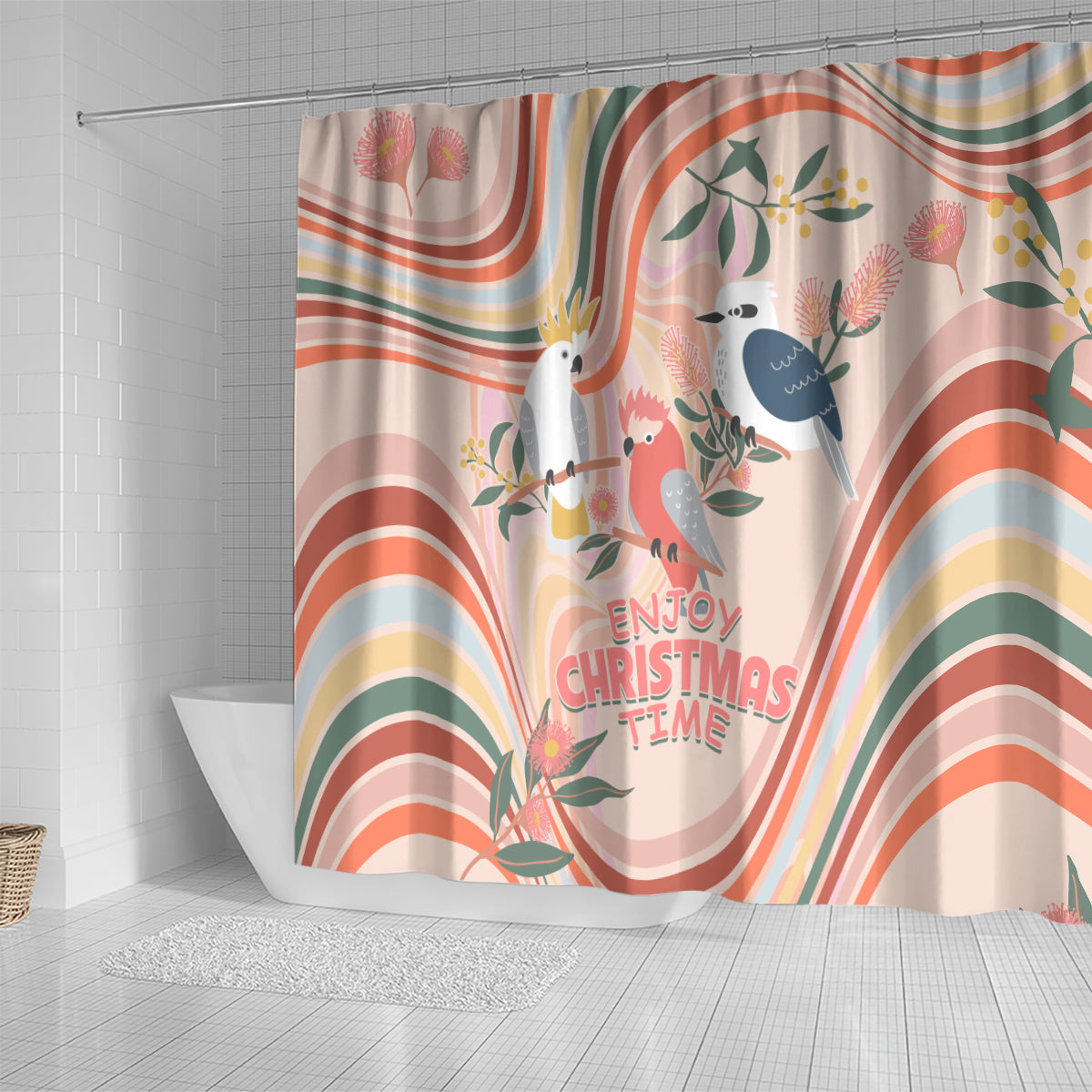 australia-hippie-christmas-shower-curtain-cockatoo-kookaburra-with-wattle-pink-peach-style