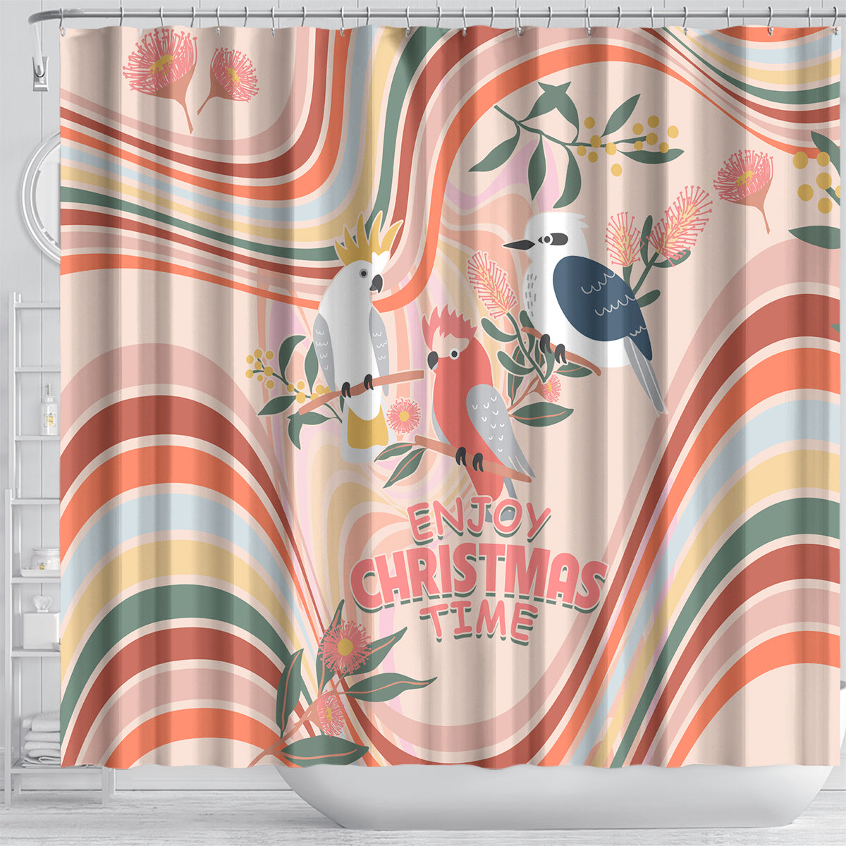 australia-hippie-christmas-shower-curtain-cockatoo-kookaburra-with-wattle-pink-peach-style