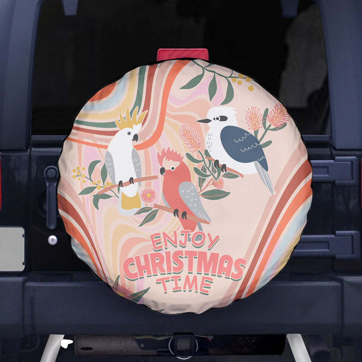 australia-hippie-christmas-spare-tire-cover-cockatoo-kookaburra-with-wattle-pink-peach-style