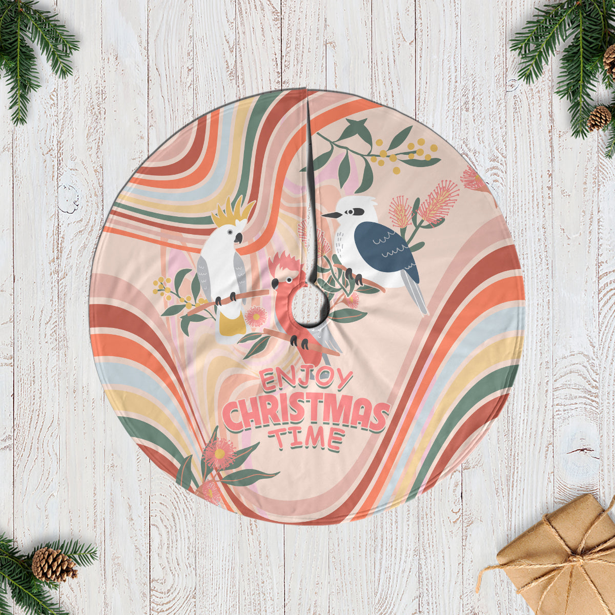 australia-hippie-christmas-tree-skirt-cockatoo-kookaburra-with-wattle-pink-peach-style