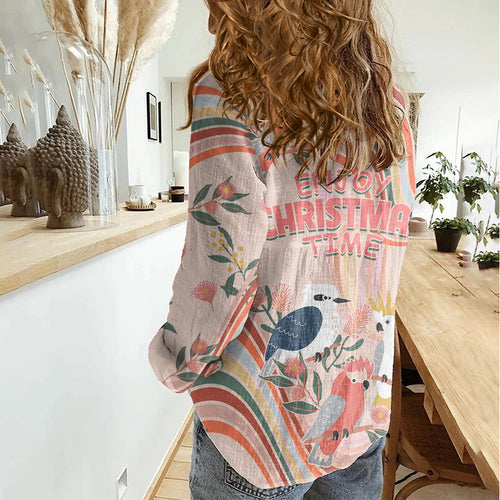 australia-hippie-christmas-women-casual-shirt-cockatoo-kookaburra-with-wattle-pink-peach-style