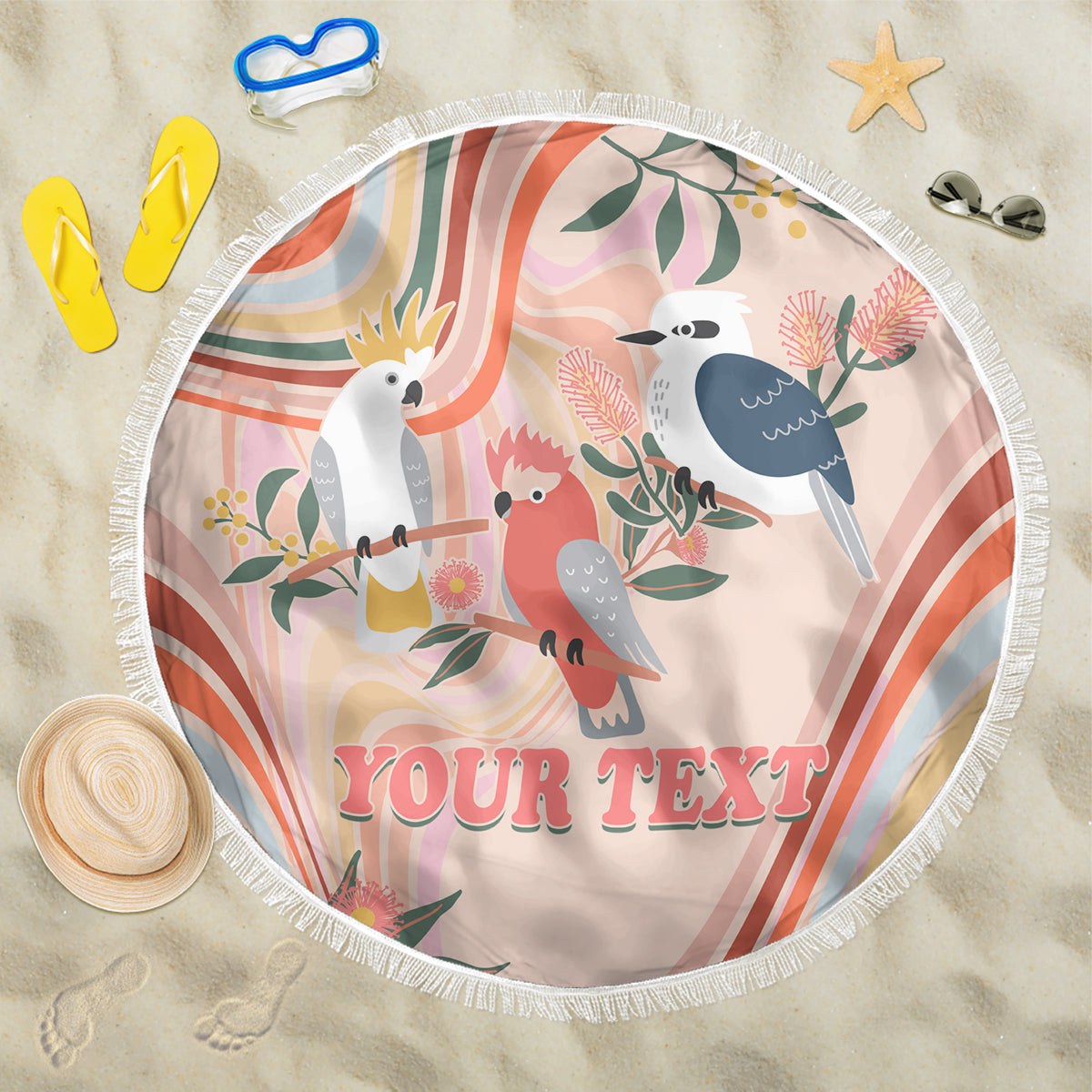 personalised-australia-hippie-christmas-beach-blanket-cockatoo-kookaburra-with-wattle-pink-peach-style