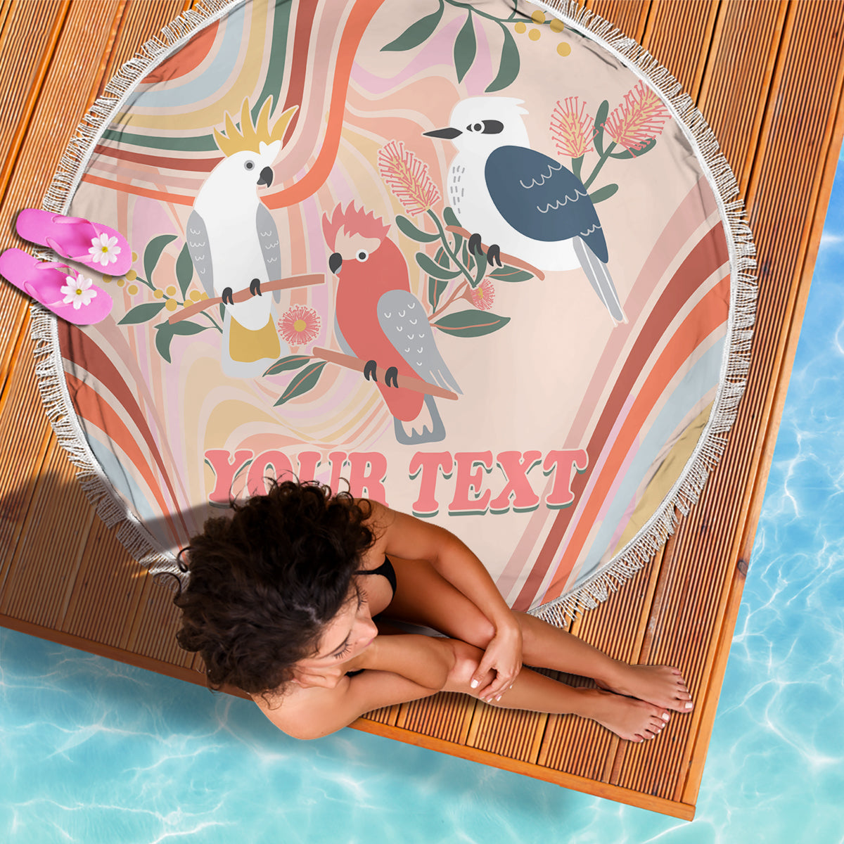 personalised-australia-hippie-christmas-beach-blanket-cockatoo-kookaburra-with-wattle-pink-peach-style