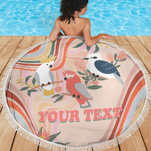 personalised-australia-hippie-christmas-beach-blanket-cockatoo-kookaburra-with-wattle-pink-peach-style