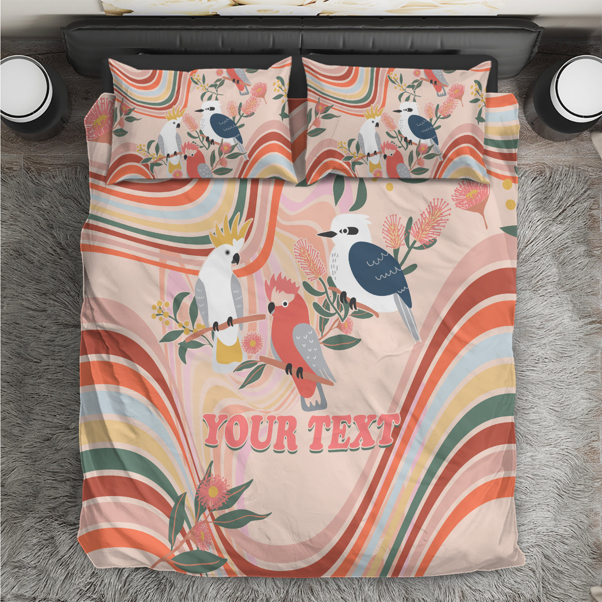 personalised-australia-hippie-christmas-bedding-set-cockatoo-kookaburra-with-wattle-pink-peach-style