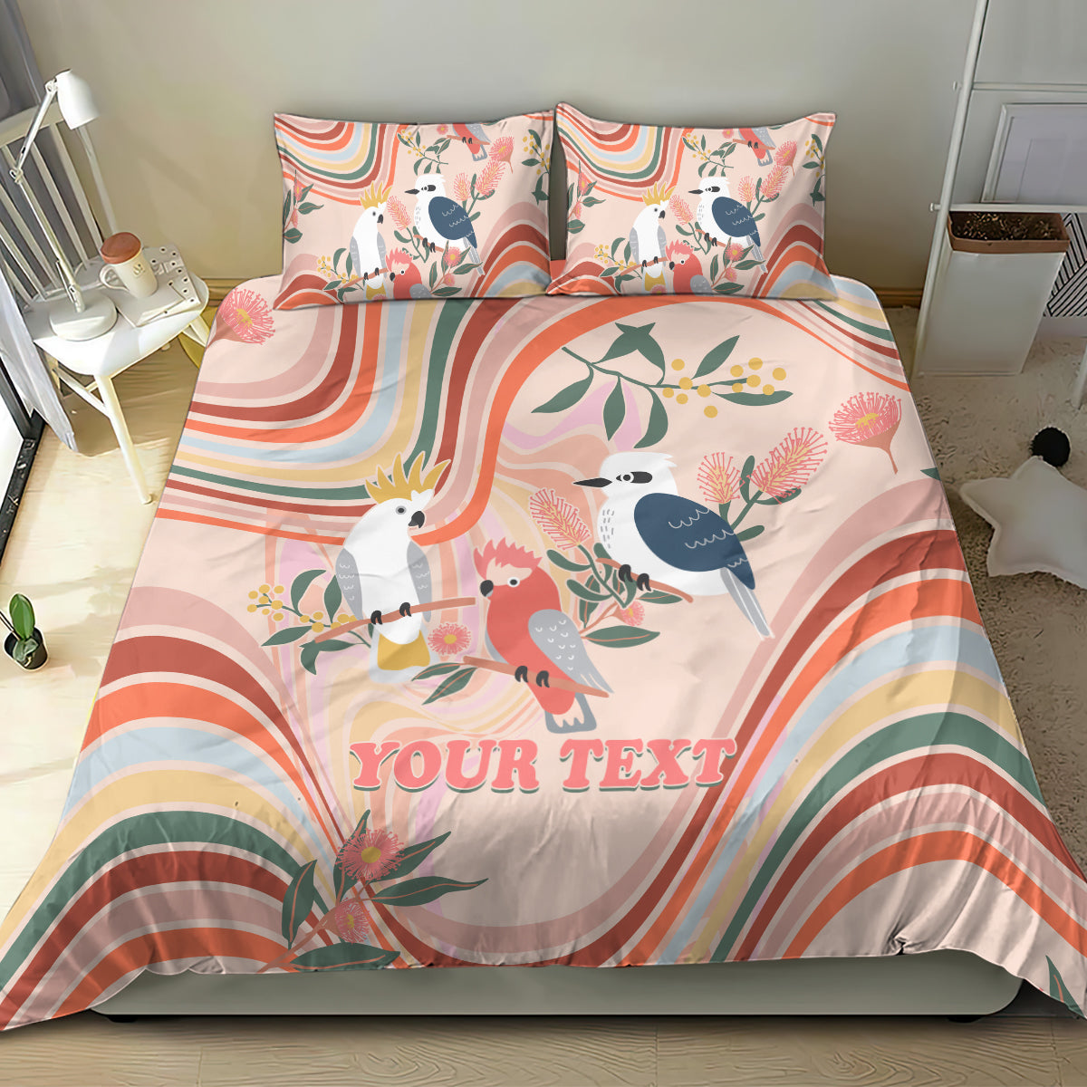 personalised-australia-hippie-christmas-bedding-set-cockatoo-kookaburra-with-wattle-pink-peach-style