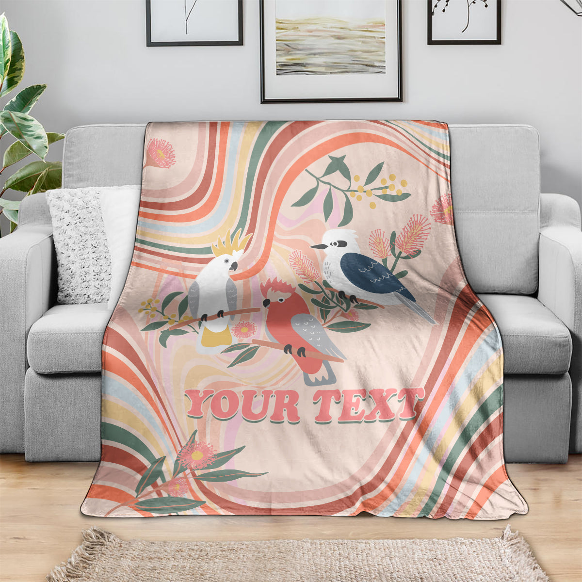 personalised-australia-hippie-christmas-blanket-cockatoo-kookaburra-with-wattle-pink-peach-style