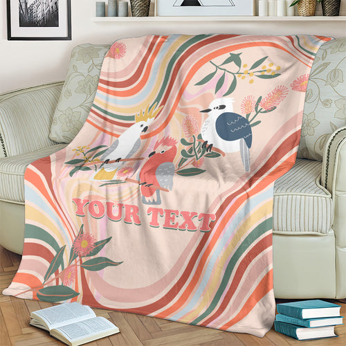 personalised-australia-hippie-christmas-blanket-cockatoo-kookaburra-with-wattle-pink-peach-style