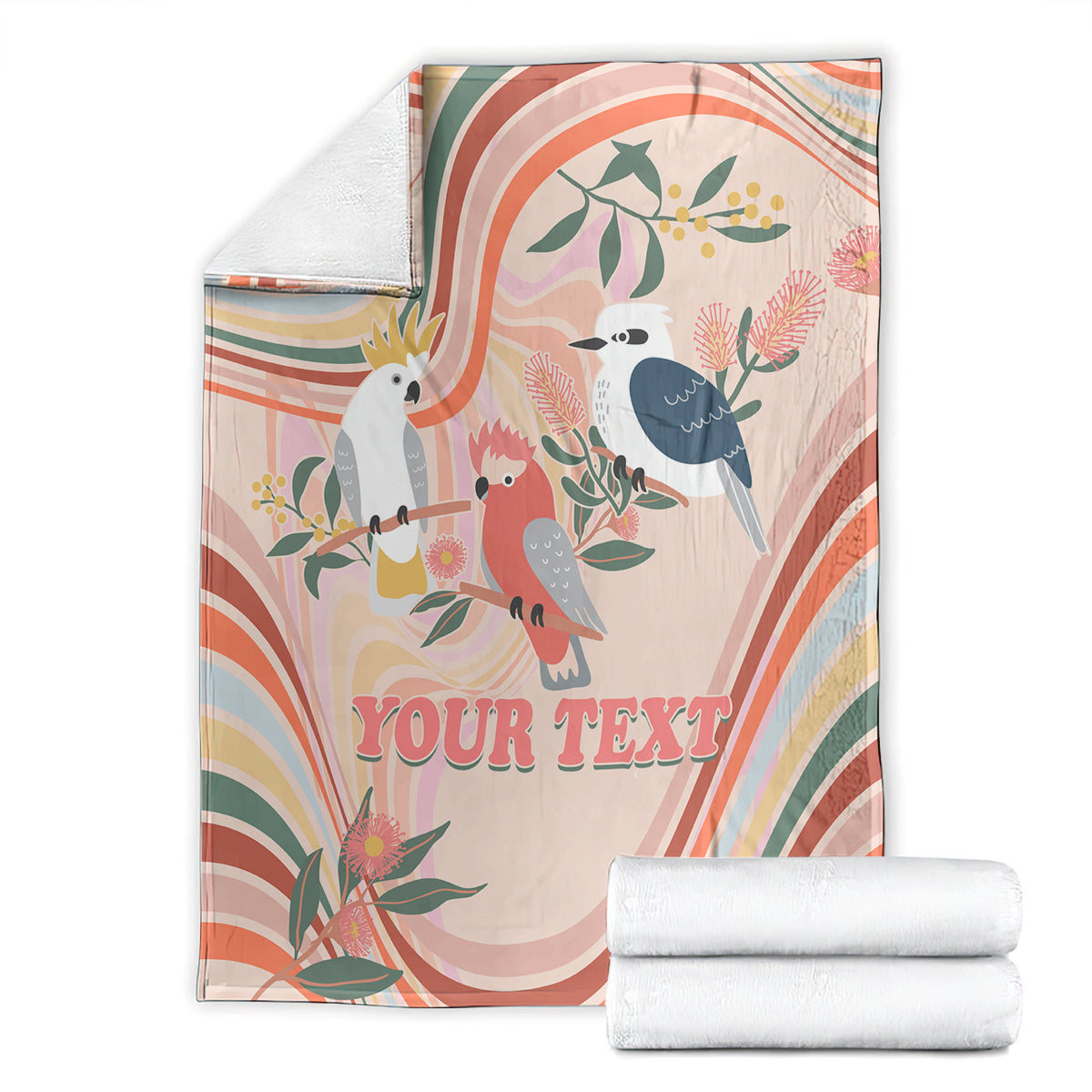 personalised-australia-hippie-christmas-blanket-cockatoo-kookaburra-with-wattle-pink-peach-style