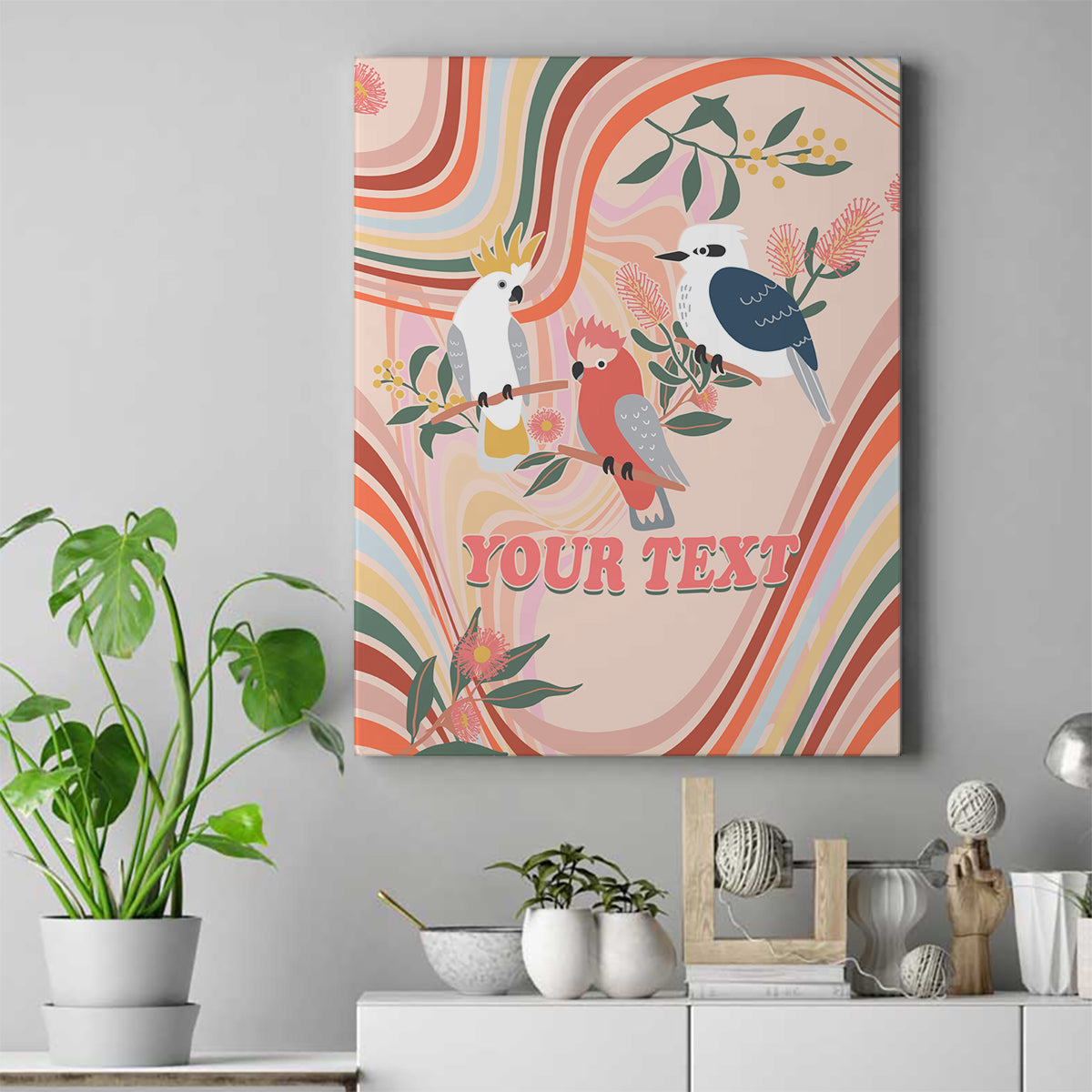 personalised-australia-hippie-christmas-canvas-wall-art-cockatoo-kookaburra-with-wattle-pink-peach-style