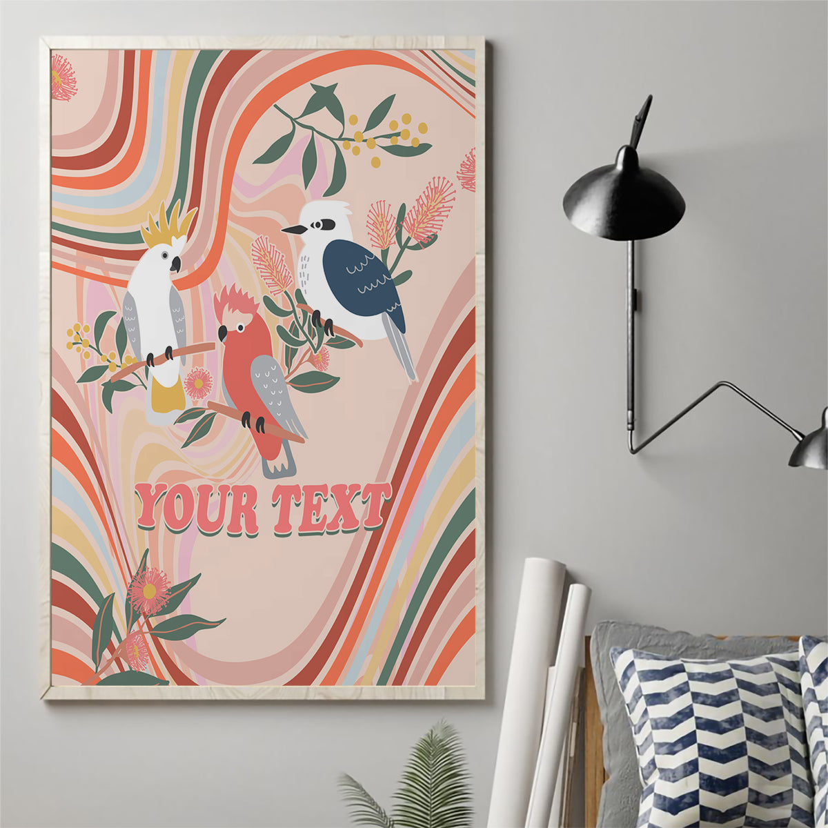 personalised-australia-hippie-christmas-canvas-wall-art-cockatoo-kookaburra-with-wattle-pink-peach-style