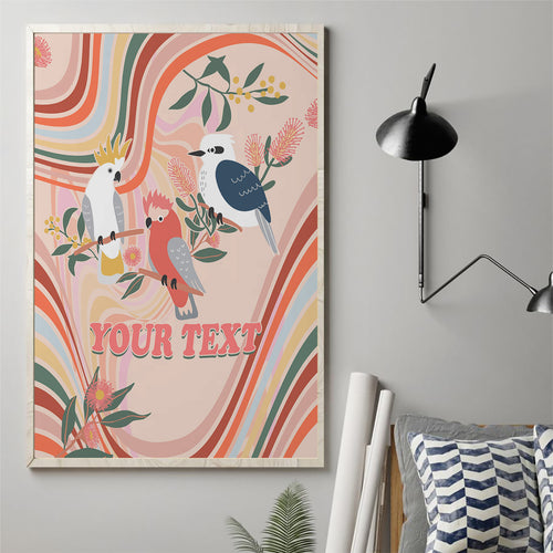 personalised-australia-hippie-christmas-canvas-wall-art-cockatoo-kookaburra-with-wattle-pink-peach-style