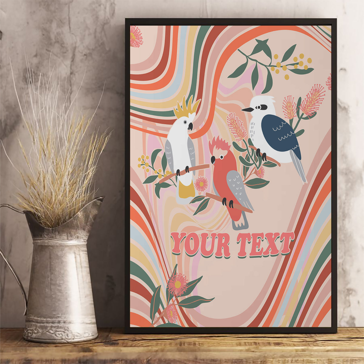 personalised-australia-hippie-christmas-canvas-wall-art-cockatoo-kookaburra-with-wattle-pink-peach-style