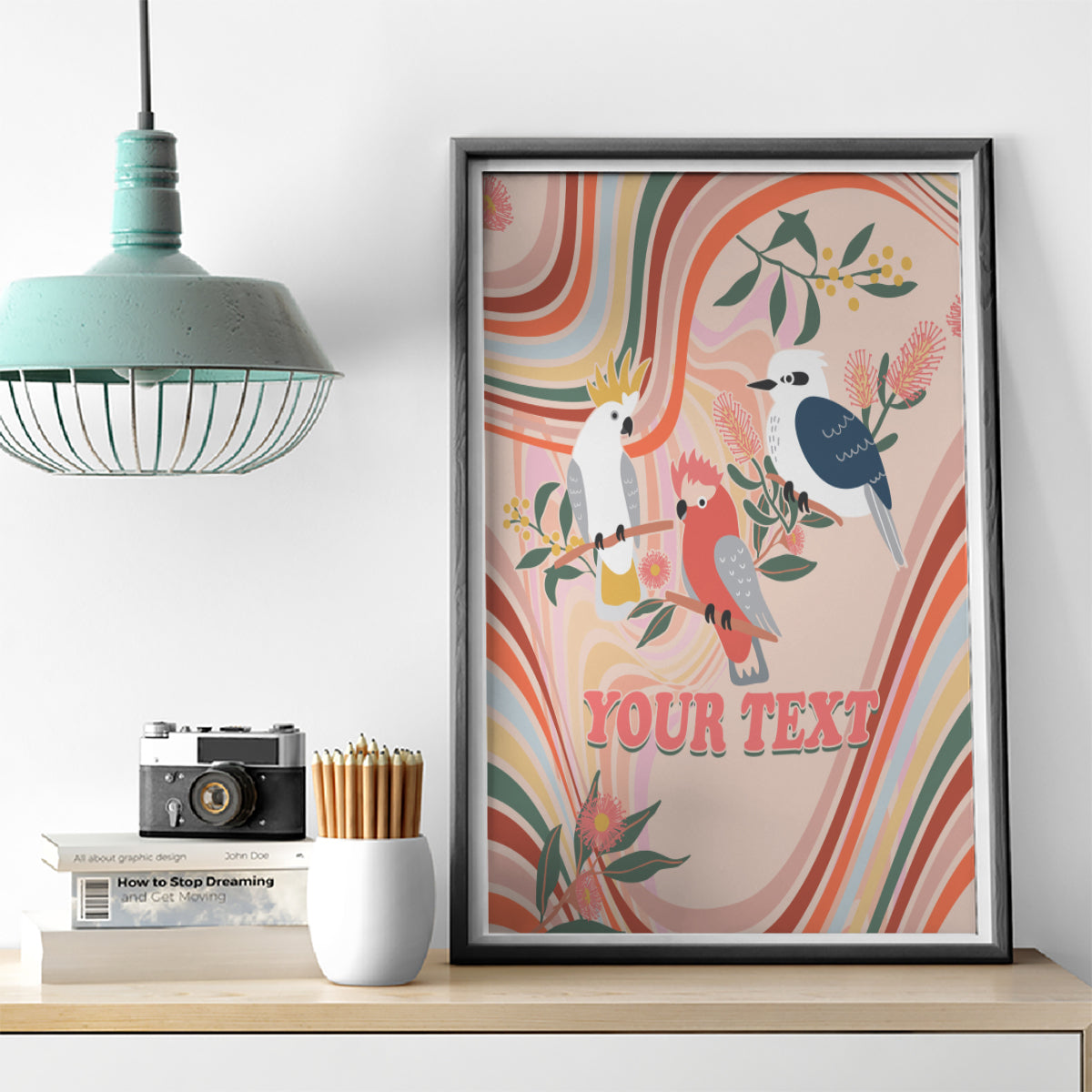 personalised-australia-hippie-christmas-canvas-wall-art-cockatoo-kookaburra-with-wattle-pink-peach-style