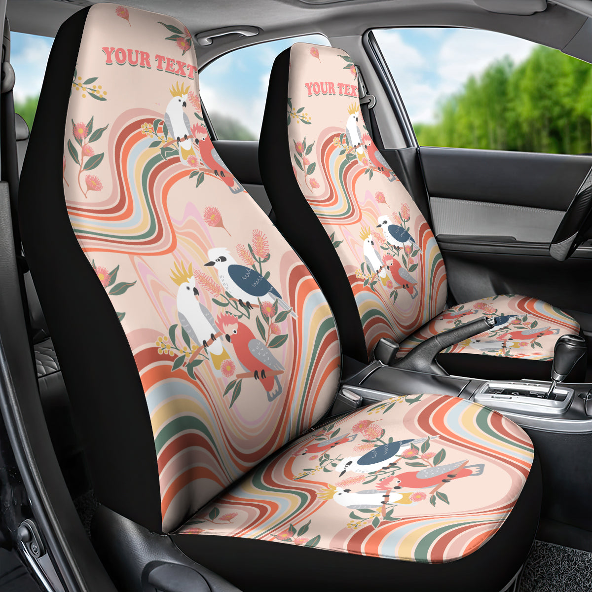personalised-australia-hippie-christmas-car-seat-cover-cockatoo-kookaburra-with-wattle-pink-peach-style