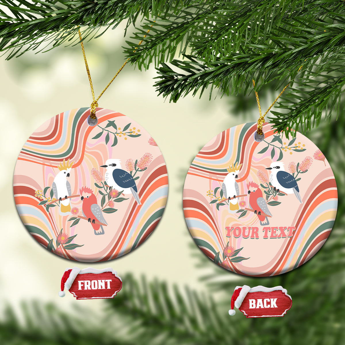 personalised-australia-hippie-christmas-ceramic-ornament-cockatoo-kookaburra-with-wattle-pink-peach-style
