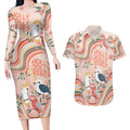 personalised-australia-hippie-christmas-couples-matching-long-sleeve-bodycon-dress-and-hawaiian-shirt-cockatoo-kookaburra-with-wattle-pink-peach-style