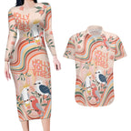 personalised-australia-hippie-christmas-couples-matching-long-sleeve-bodycon-dress-and-hawaiian-shirt-cockatoo-kookaburra-with-wattle-pink-peach-style