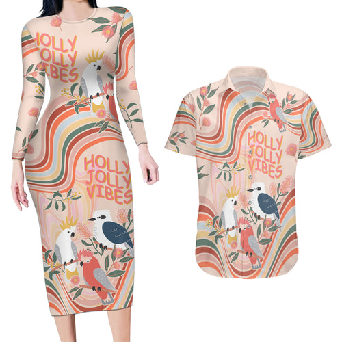 personalised-australia-hippie-christmas-couples-matching-long-sleeve-bodycon-dress-and-hawaiian-shirt-cockatoo-kookaburra-with-wattle-pink-peach-style