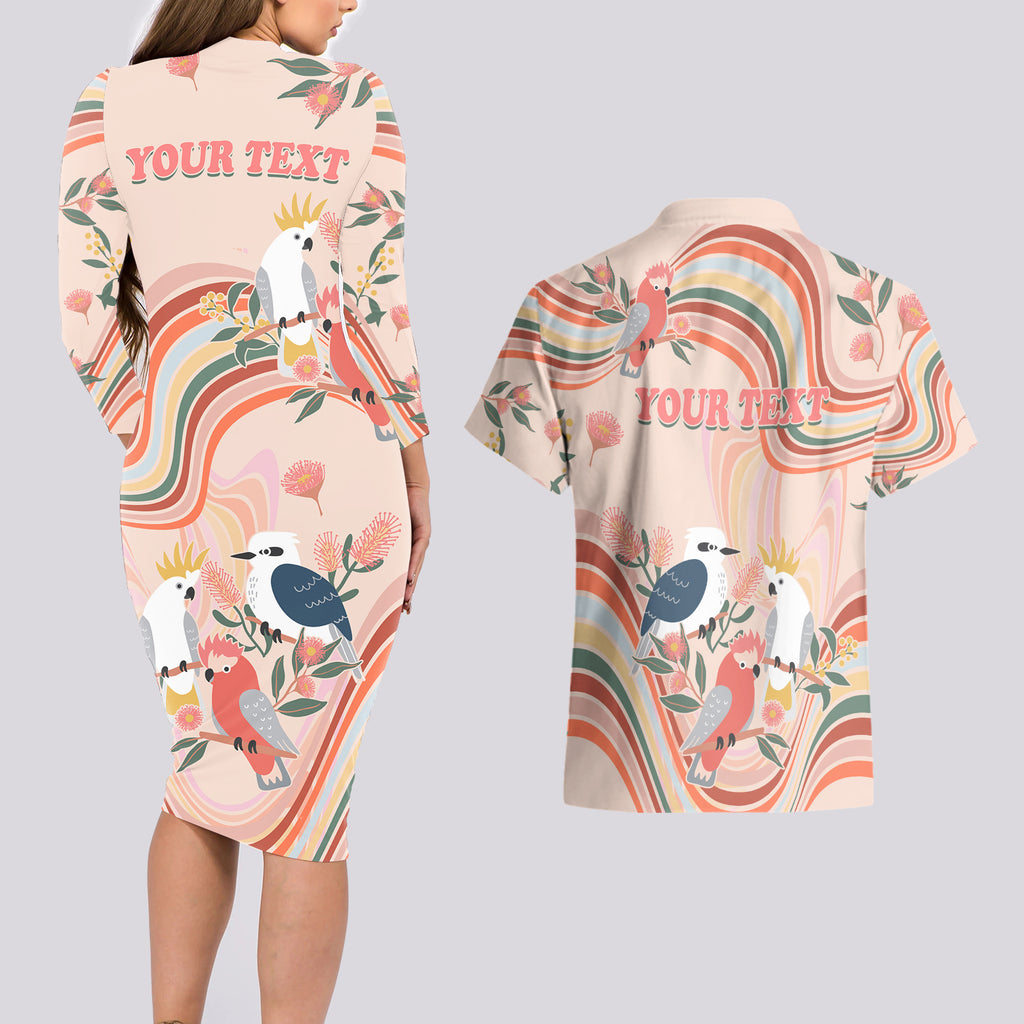 personalised-australia-hippie-christmas-couples-matching-long-sleeve-bodycon-dress-and-hawaiian-shirt-cockatoo-kookaburra-with-wattle-pink-peach-style