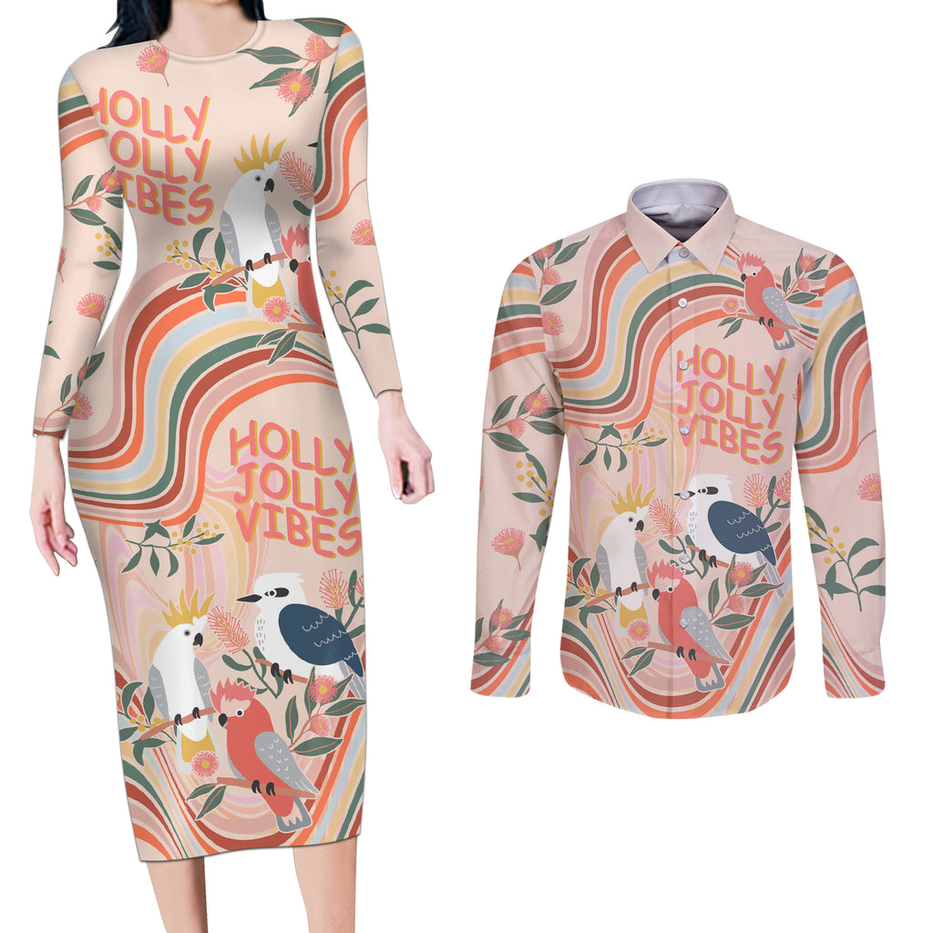 personalised-australia-hippie-christmas-couples-matching-long-sleeve-bodycon-dress-and-long-sleeve-button-shirt-cockatoo-kookaburra-with-wattle-pink-peach-style