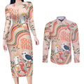 personalised-australia-hippie-christmas-couples-matching-long-sleeve-bodycon-dress-and-long-sleeve-button-shirt-cockatoo-kookaburra-with-wattle-pink-peach-style