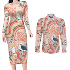 personalised-australia-hippie-christmas-couples-matching-long-sleeve-bodycon-dress-and-long-sleeve-button-shirt-cockatoo-kookaburra-with-wattle-pink-peach-style