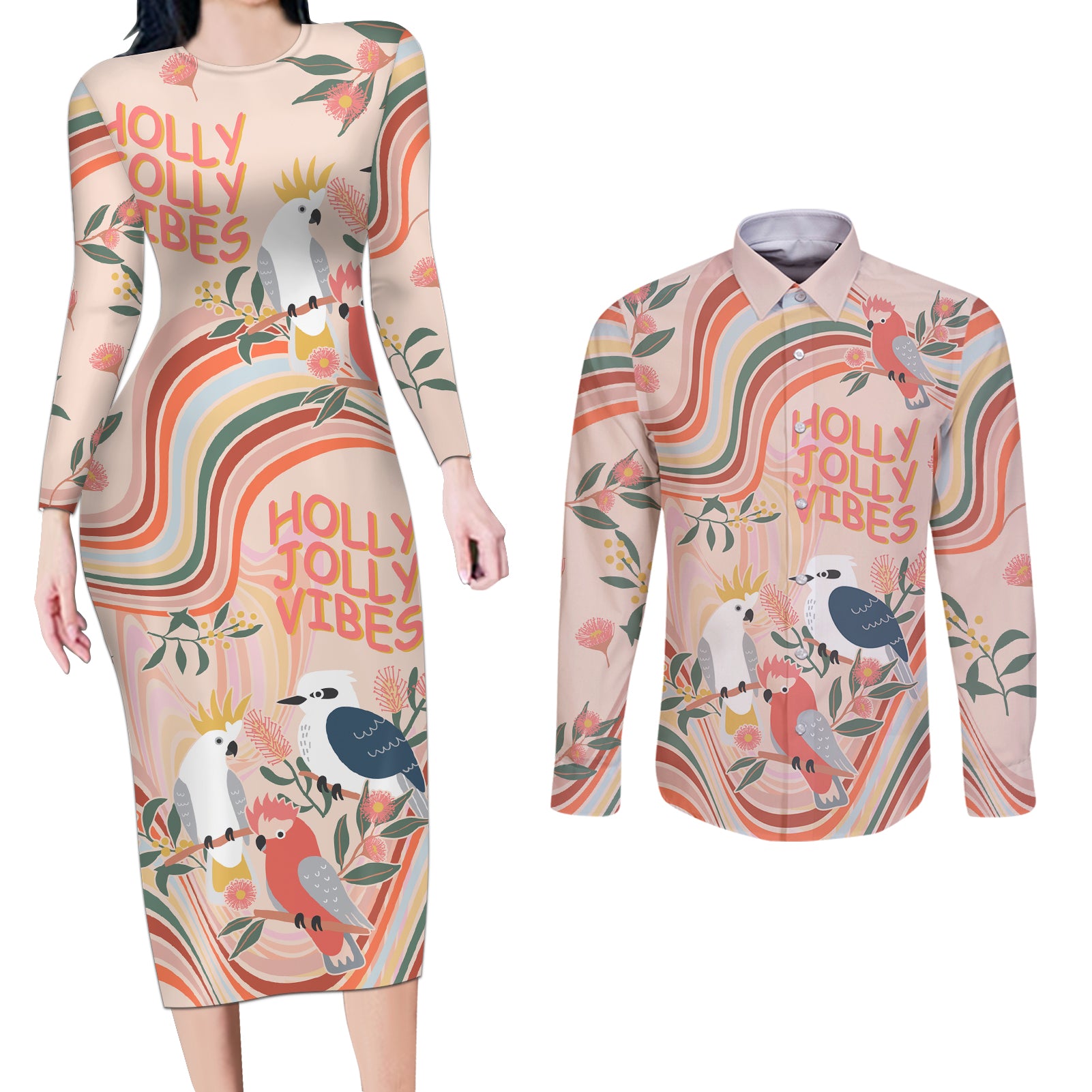 personalised-australia-hippie-christmas-couples-matching-long-sleeve-bodycon-dress-and-long-sleeve-button-shirt-cockatoo-kookaburra-with-wattle-pink-peach-style