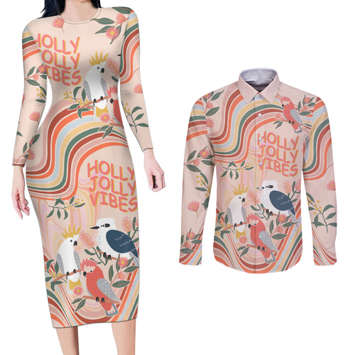personalised-australia-hippie-christmas-couples-matching-long-sleeve-bodycon-dress-and-long-sleeve-button-shirt-cockatoo-kookaburra-with-wattle-pink-peach-style