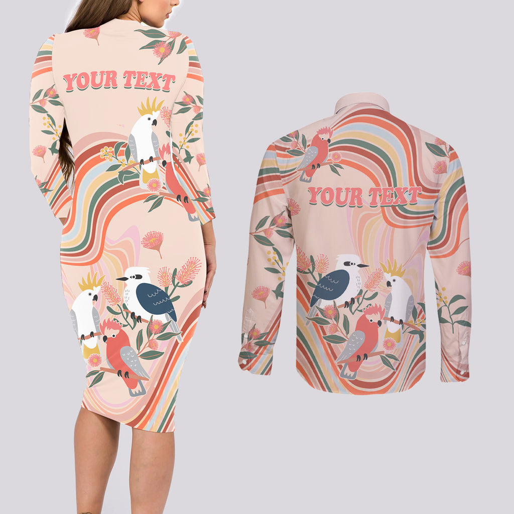personalised-australia-hippie-christmas-couples-matching-long-sleeve-bodycon-dress-and-long-sleeve-button-shirt-cockatoo-kookaburra-with-wattle-pink-peach-style