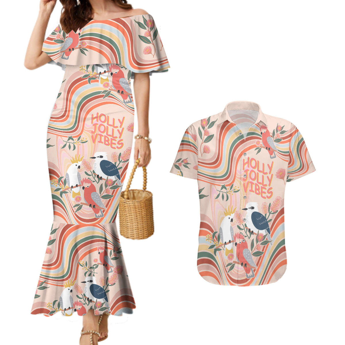 personalised-australia-hippie-christmas-couples-matching-mermaid-dress-and-hawaiian-shirt-cockatoo-kookaburra-with-wattle-pink-peach-style