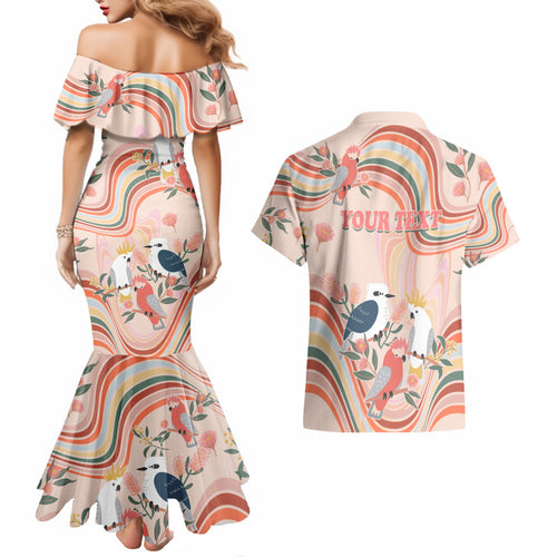 personalised-australia-hippie-christmas-couples-matching-mermaid-dress-and-hawaiian-shirt-cockatoo-kookaburra-with-wattle-pink-peach-style