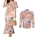 personalised-australia-hippie-christmas-couples-matching-mermaid-dress-and-long-sleeve-button-shirt-cockatoo-kookaburra-with-wattle-pink-peach-style