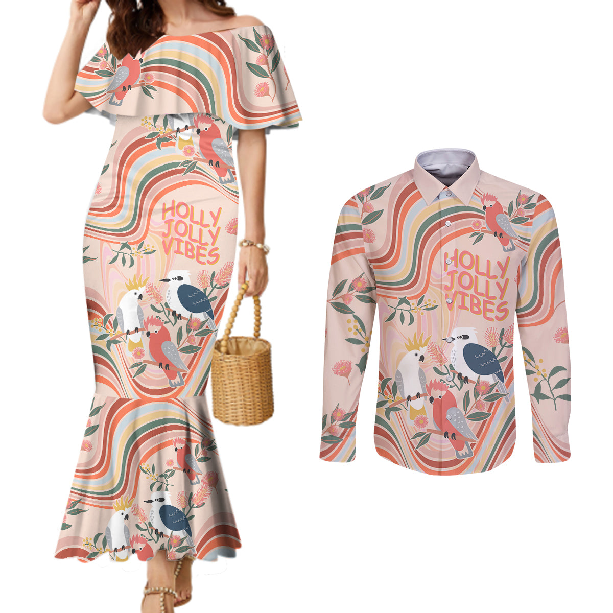 personalised-australia-hippie-christmas-couples-matching-mermaid-dress-and-long-sleeve-button-shirt-cockatoo-kookaburra-with-wattle-pink-peach-style