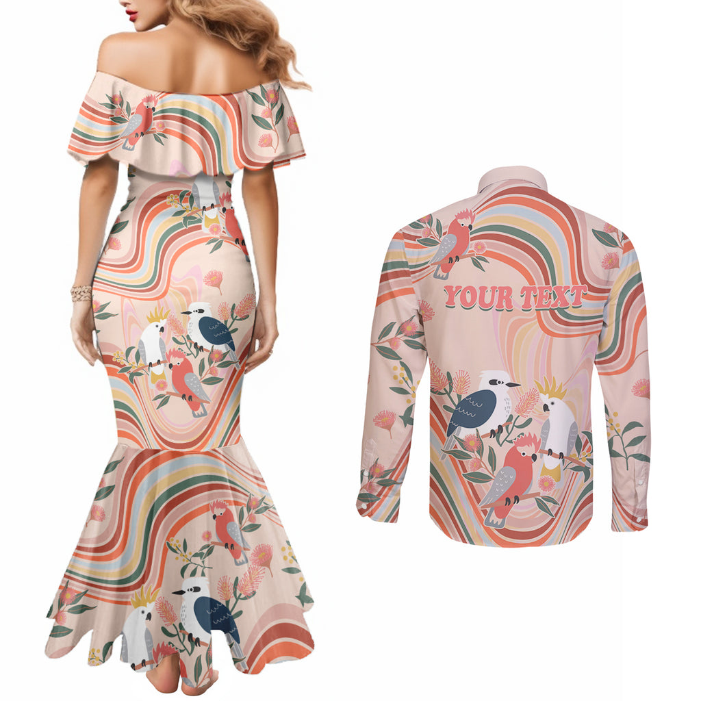 personalised-australia-hippie-christmas-couples-matching-mermaid-dress-and-long-sleeve-button-shirt-cockatoo-kookaburra-with-wattle-pink-peach-style