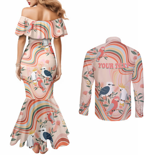 personalised-australia-hippie-christmas-couples-matching-mermaid-dress-and-long-sleeve-button-shirt-cockatoo-kookaburra-with-wattle-pink-peach-style