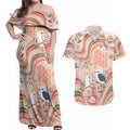 personalised-australia-hippie-christmas-couples-matching-off-shoulder-maxi-dress-and-hawaiian-shirt-cockatoo-kookaburra-with-wattle-pink-peach-style