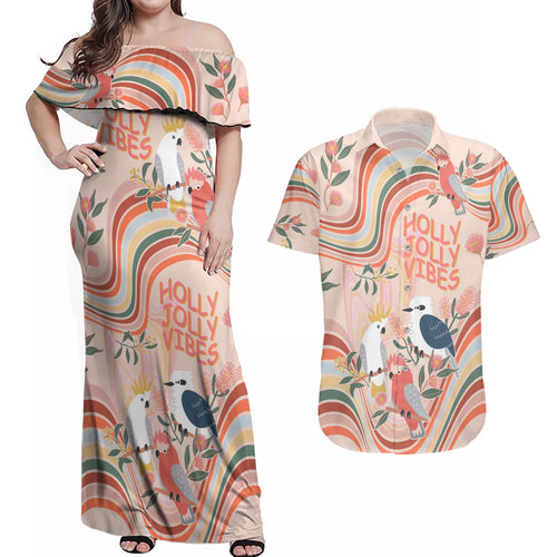 personalised-australia-hippie-christmas-couples-matching-off-shoulder-maxi-dress-and-hawaiian-shirt-cockatoo-kookaburra-with-wattle-pink-peach-style