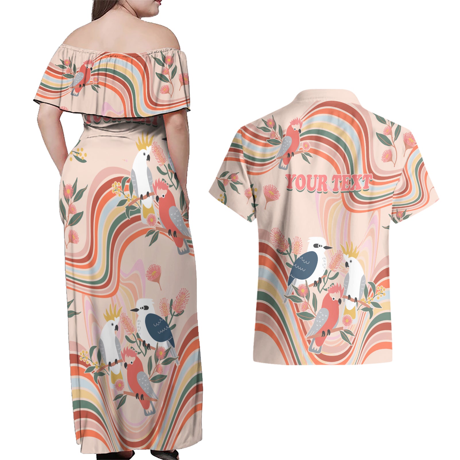 personalised-australia-hippie-christmas-couples-matching-off-shoulder-maxi-dress-and-hawaiian-shirt-cockatoo-kookaburra-with-wattle-pink-peach-style