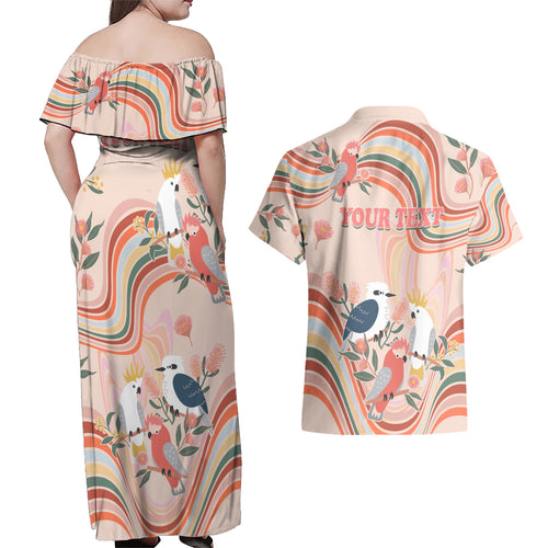 personalised-australia-hippie-christmas-couples-matching-off-shoulder-maxi-dress-and-hawaiian-shirt-cockatoo-kookaburra-with-wattle-pink-peach-style