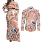 personalised-australia-hippie-christmas-couples-matching-off-shoulder-maxi-dress-and-long-sleeve-button-shirt-cockatoo-kookaburra-with-wattle-pink-peach-style