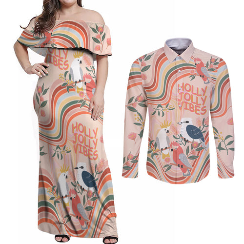personalised-australia-hippie-christmas-couples-matching-off-shoulder-maxi-dress-and-long-sleeve-button-shirt-cockatoo-kookaburra-with-wattle-pink-peach-style