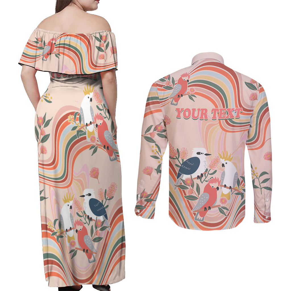 personalised-australia-hippie-christmas-couples-matching-off-shoulder-maxi-dress-and-long-sleeve-button-shirt-cockatoo-kookaburra-with-wattle-pink-peach-style