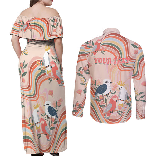 personalised-australia-hippie-christmas-couples-matching-off-shoulder-maxi-dress-and-long-sleeve-button-shirt-cockatoo-kookaburra-with-wattle-pink-peach-style