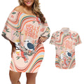 personalised-australia-hippie-christmas-couples-matching-off-shoulder-short-dress-and-hawaiian-shirt-cockatoo-kookaburra-with-wattle-pink-peach-style