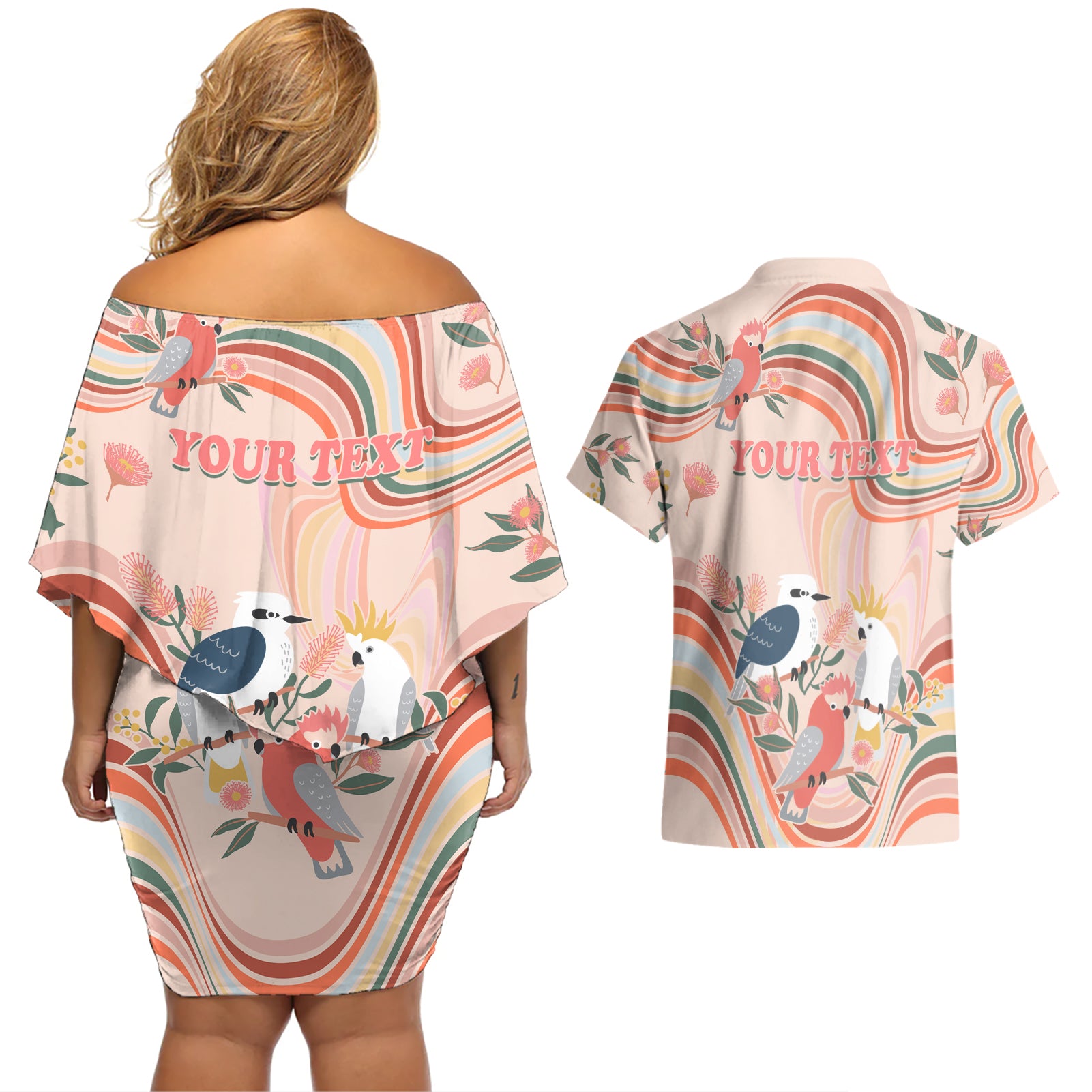 personalised-australia-hippie-christmas-couples-matching-off-shoulder-short-dress-and-hawaiian-shirt-cockatoo-kookaburra-with-wattle-pink-peach-style