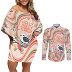 personalised-australia-hippie-christmas-couples-matching-off-shoulder-short-dress-and-long-sleeve-button-shirt-cockatoo-kookaburra-with-wattle-pink-peach-style